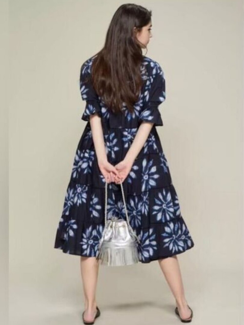 Merlette Shibori Navy White Floral Paradis Dress M Cotton 💙 Tiered Puff Sleeve